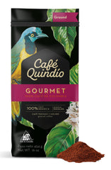 CAFE QUINDIO front packaging showing 16 oz bag and branding benefits