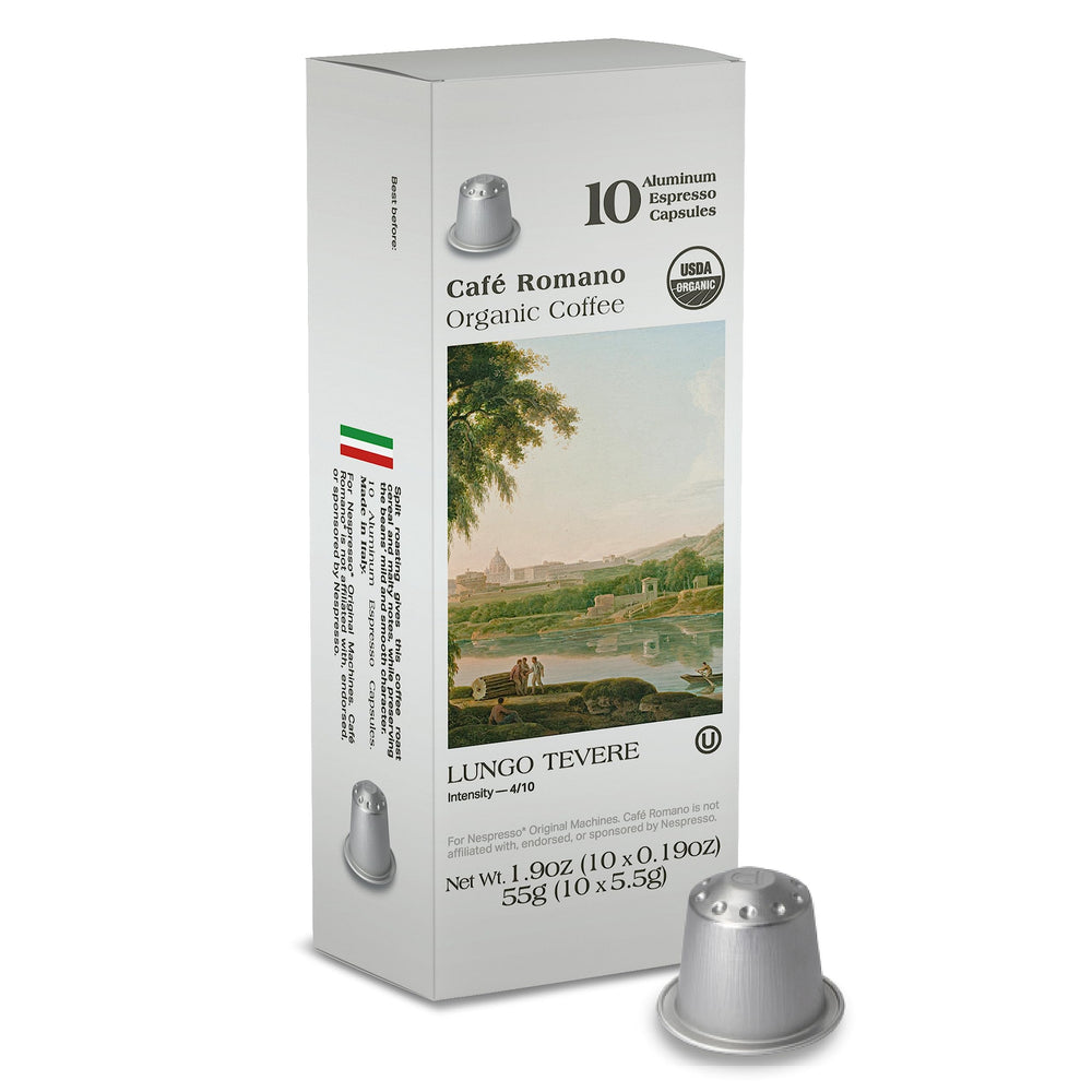 Café Romano front packaging 100-pack showing brand and organic label, convenient supply