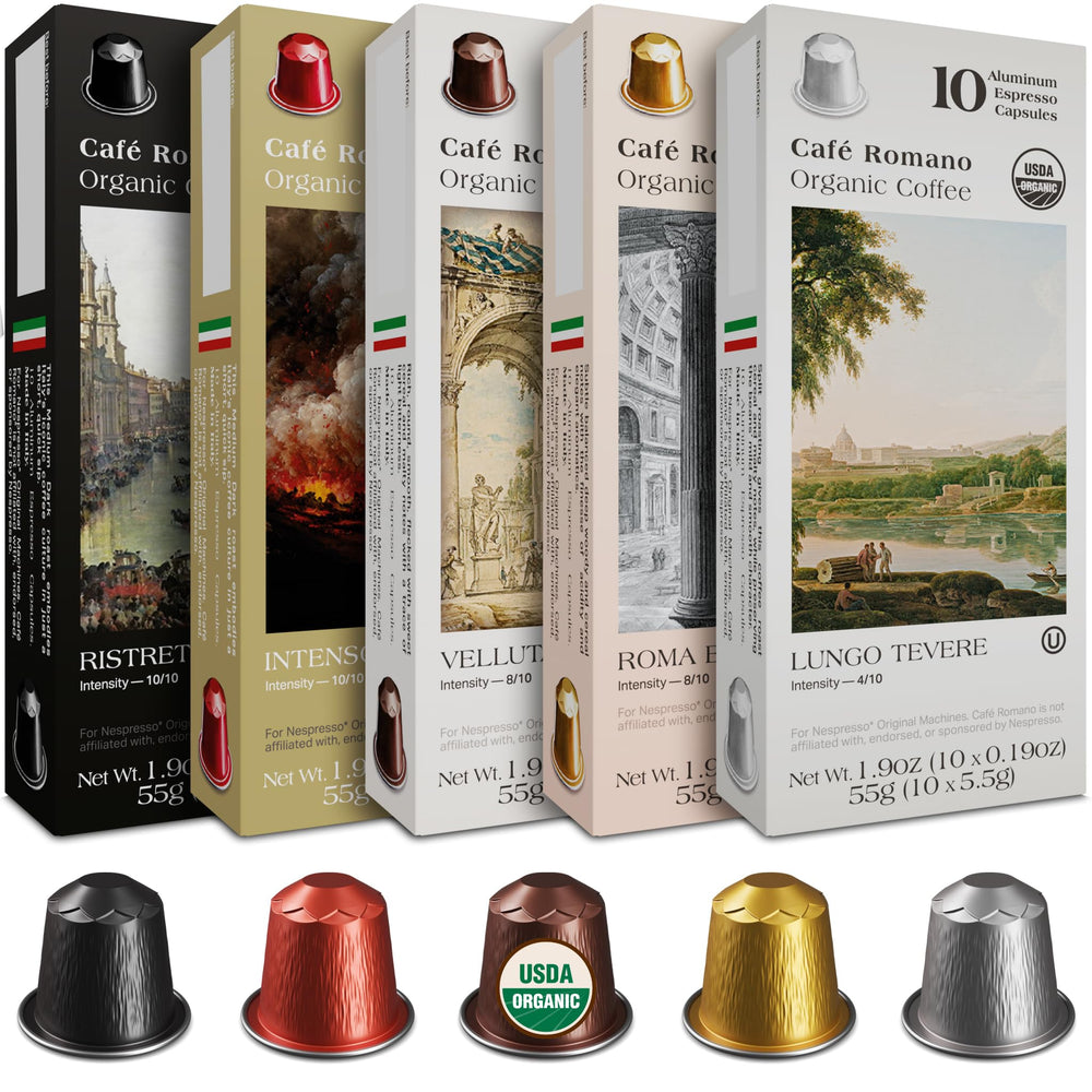 Café Romano front packaging showing 100-count variety pack and certifications