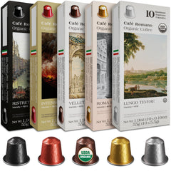 Café Romano front packaging showing 100-count variety pack and certifications