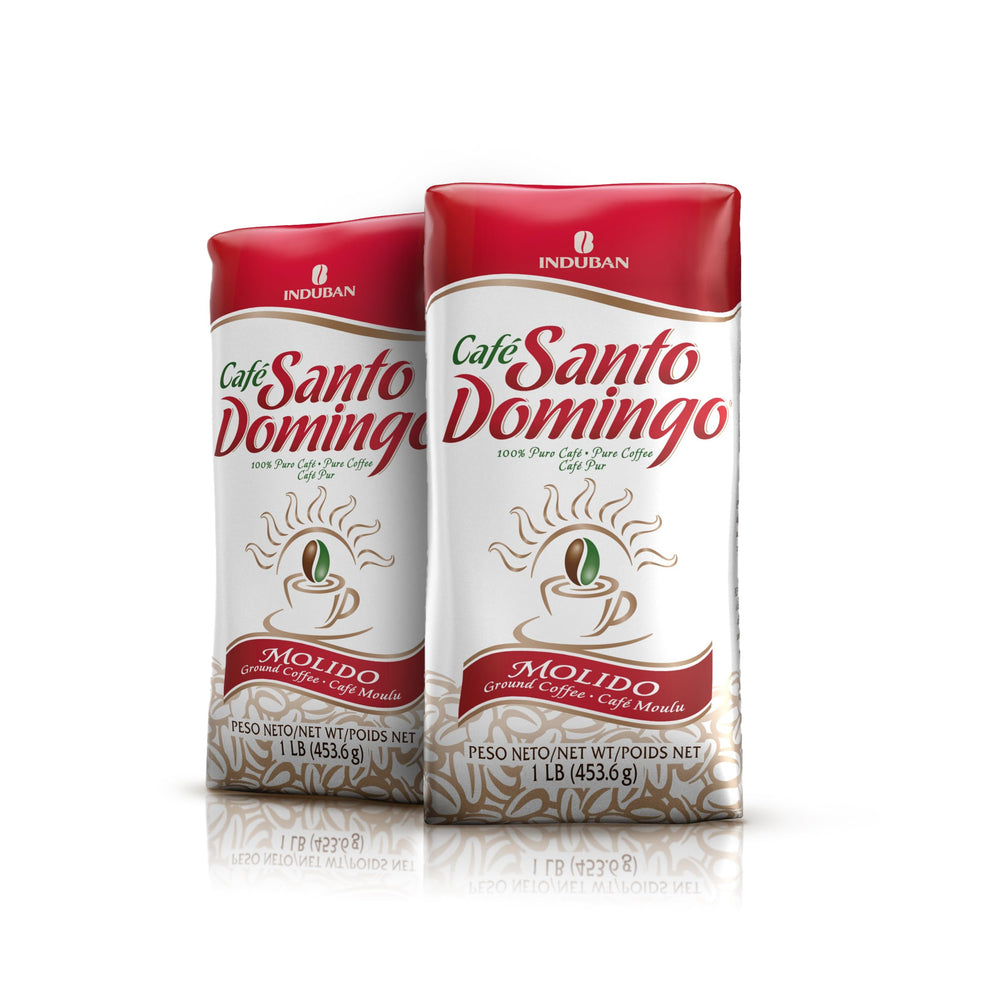 Café Santo Domingo front packaging showing two 16 oz bags and balanced aroma