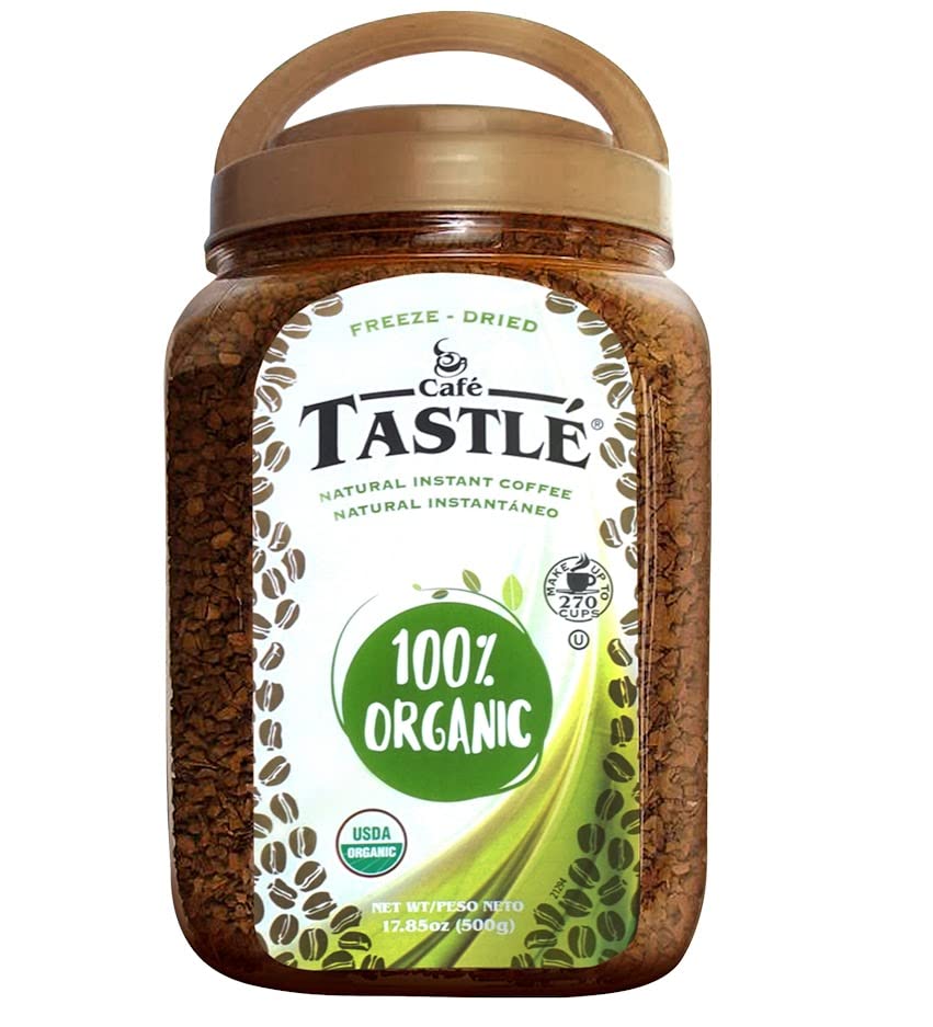 Café TASTLÉ front packaging showing organic label and jar convenience benefit