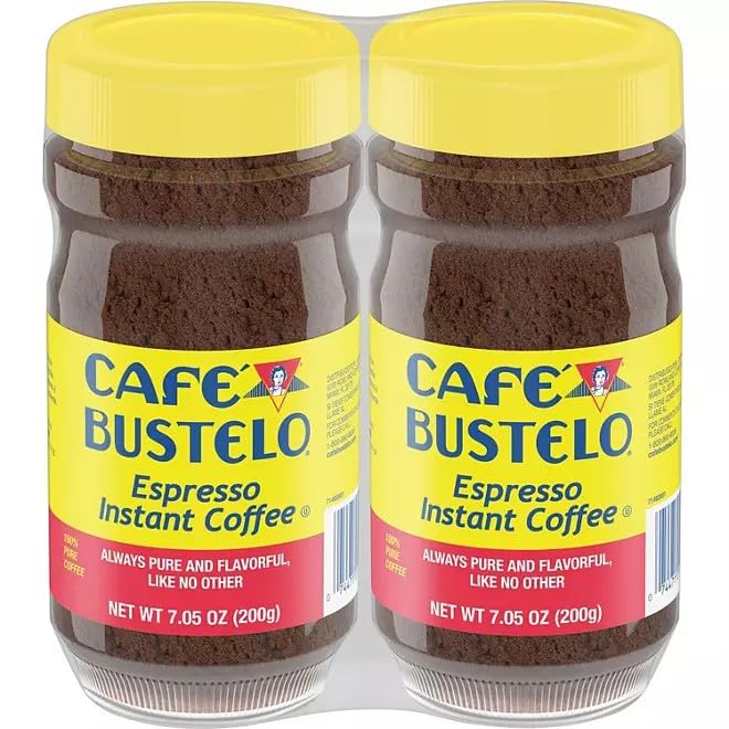 J.M. Smuckers Cafe Bustelo instant coffee two-pack front showing label and size benefit