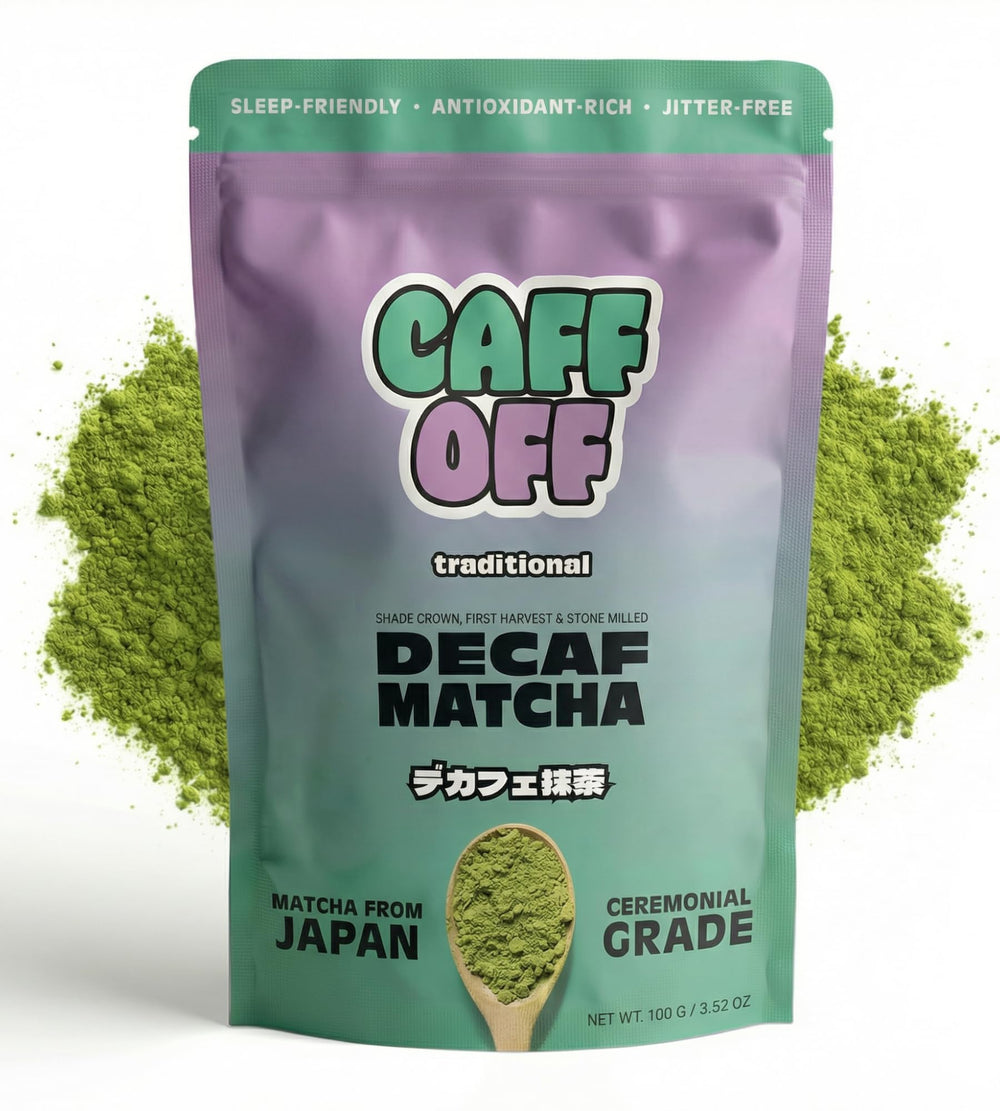 Caff Off front pouch showing branding and 100 g size, highlighting premium decaf