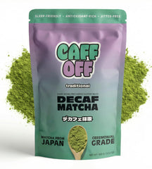 Caff Off front pouch showing branding and 100 g size, highlighting premium decaf