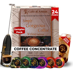 Caffè di Artisan front packaging showing 24-count sampler and branding, highlighting convenience