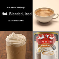 Caffe D'Vita hazelnut cappuccino powder close-up showing smooth texture and easy mixing benefit