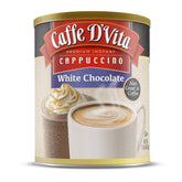 Caffe D'Vita front can showing white chocolate cappuccino and easy storage benefit