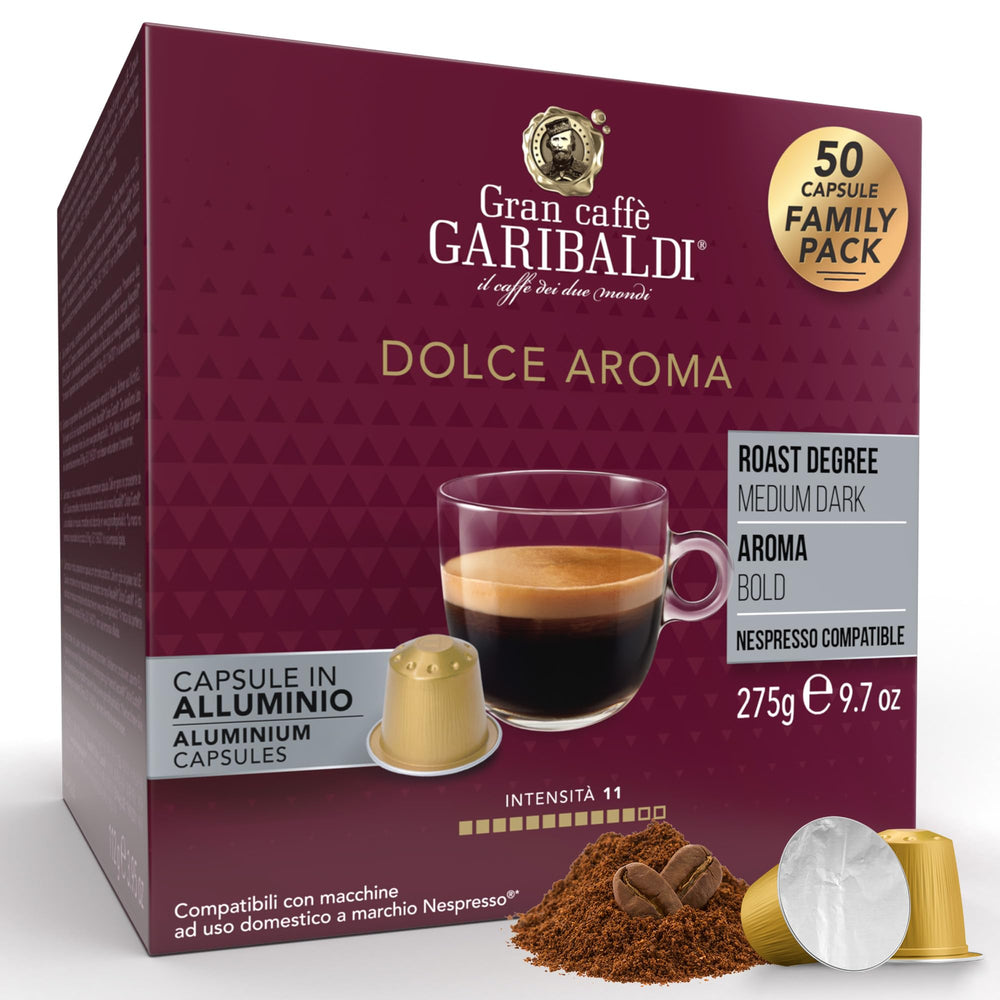 Caffè Garibaldi front pack showing 50 Dolce Aroma capsules and brand benefit convenience