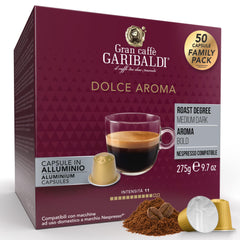 Caffè Garibaldi front pack showing 50 Dolce Aroma capsules and brand benefit convenience