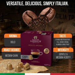 Caffè Garibaldi close-up of a single Dolce Aroma capsule highlighting sealed freshness