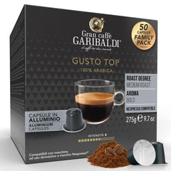 Caffè Garibaldi front packaging showing box of 50 capsules and product branding benefit clarity