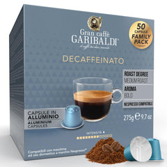 Caffè Garibaldi front packaging showing 50-count pods and brand benefit of rich decaf flavour
