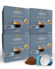 Caffè Garibaldi front packaging showing 200-count decaf pods and benefits