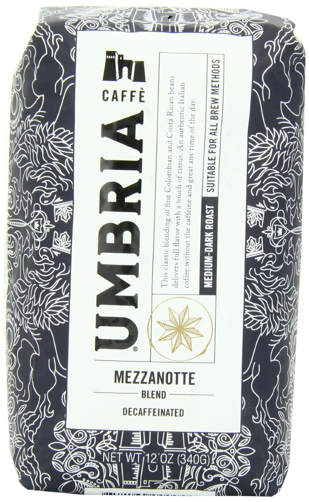 CAFFÈ UMBRIA front package showing Mezzanotte decaf label and roast details, conveys freshness
