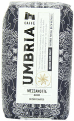 CAFFÈ UMBRIA front package showing Mezzanotte decaf label and roast details, conveys freshness