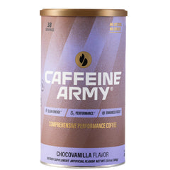 CAFFEINE ARMY front tub of ChocoVanilla showing branding and convenience