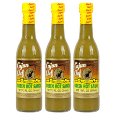 Cajun Chef front packaging showing three 12 oz bottles and bright green sauce, flavorful convenience