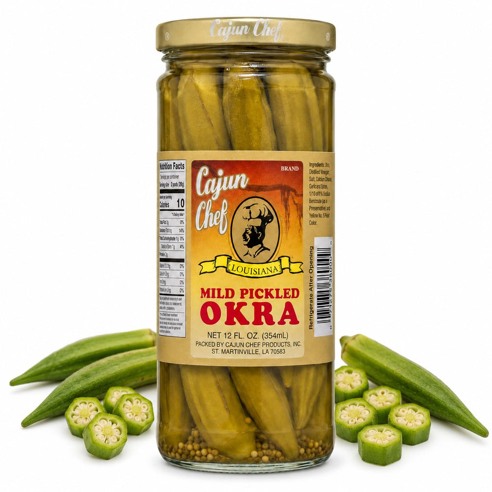 Cajun Chef front jar view showing label and mild pickled okra — clear purchase info