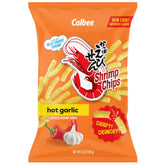 Calbee pack front view showing hot garlic shrimp chips and convenience