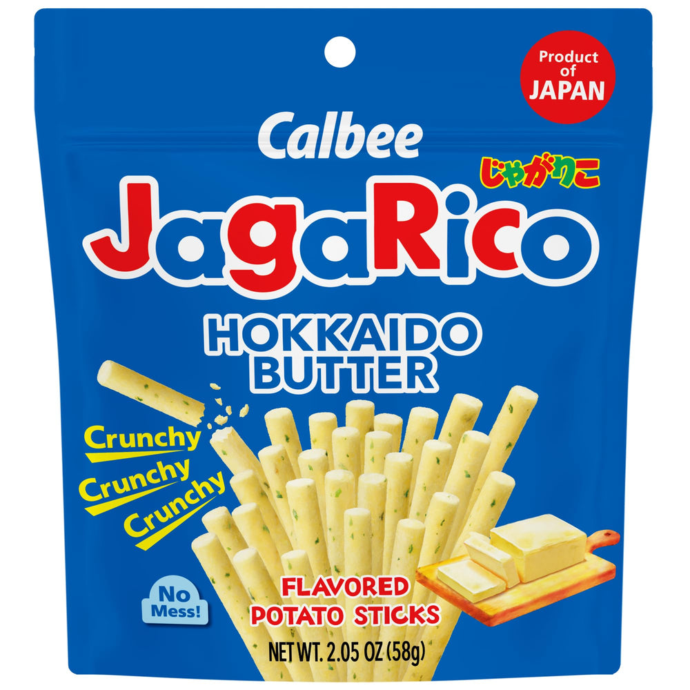 Calbee JagaRico Hokkaido Butter 12-pack front showing cups and branding with convenience