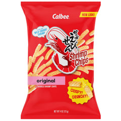 Calbee shrimp chips front packaging showing brand and two 4 oz bags, perfect for sharing