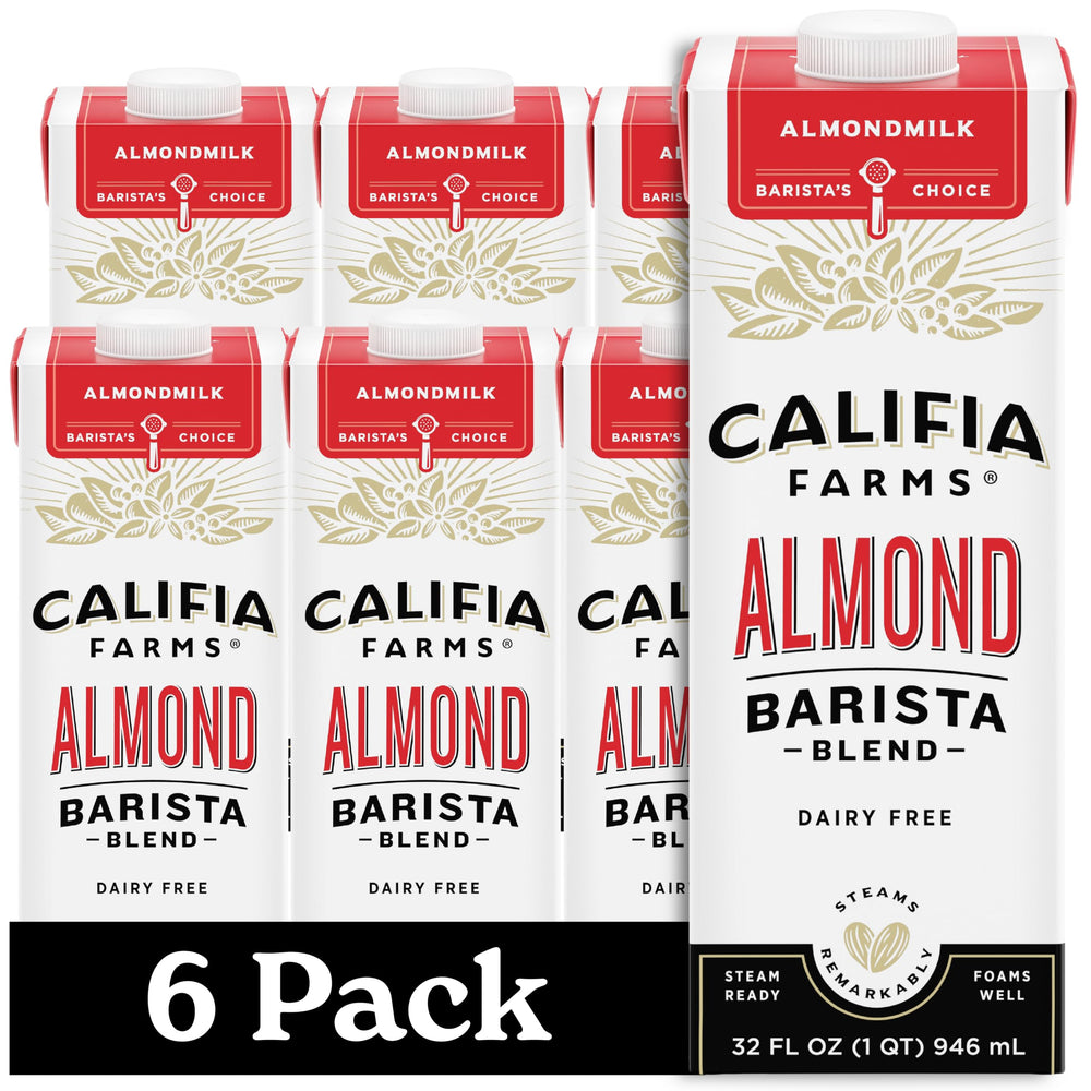 Califia Farms front packaging showing shelf-stable almond barista blend, convenient storage