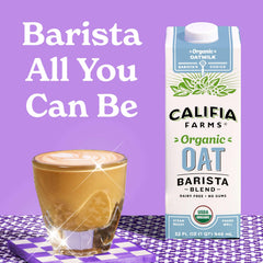 Califia Farms close-up of carton label emphasizing organic and no sugar added benefits