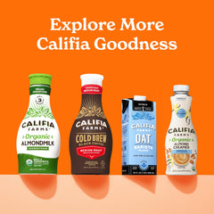 Califia Farms carton beside coffee cup on shelf, showing 32 oz scale and pantry-ready benefit