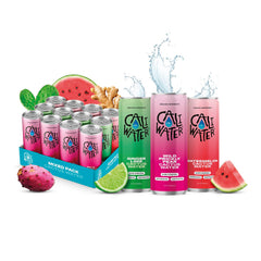 CALIWATER front packaging variety pack showing three flavored cans and branding benefits