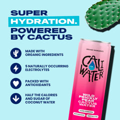 CALIWATER Prickly Pear can side label emphasizing organic cactus ingredient and natural electrolytes