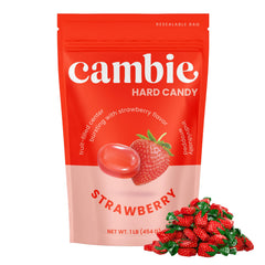 Cambie open pouch spilling individually wrapped strawberry bonbons for easy sharing
