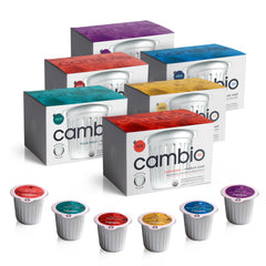 Cambio Roasters front packaging showing 60 recyclable aluminum pods and convenience benefit