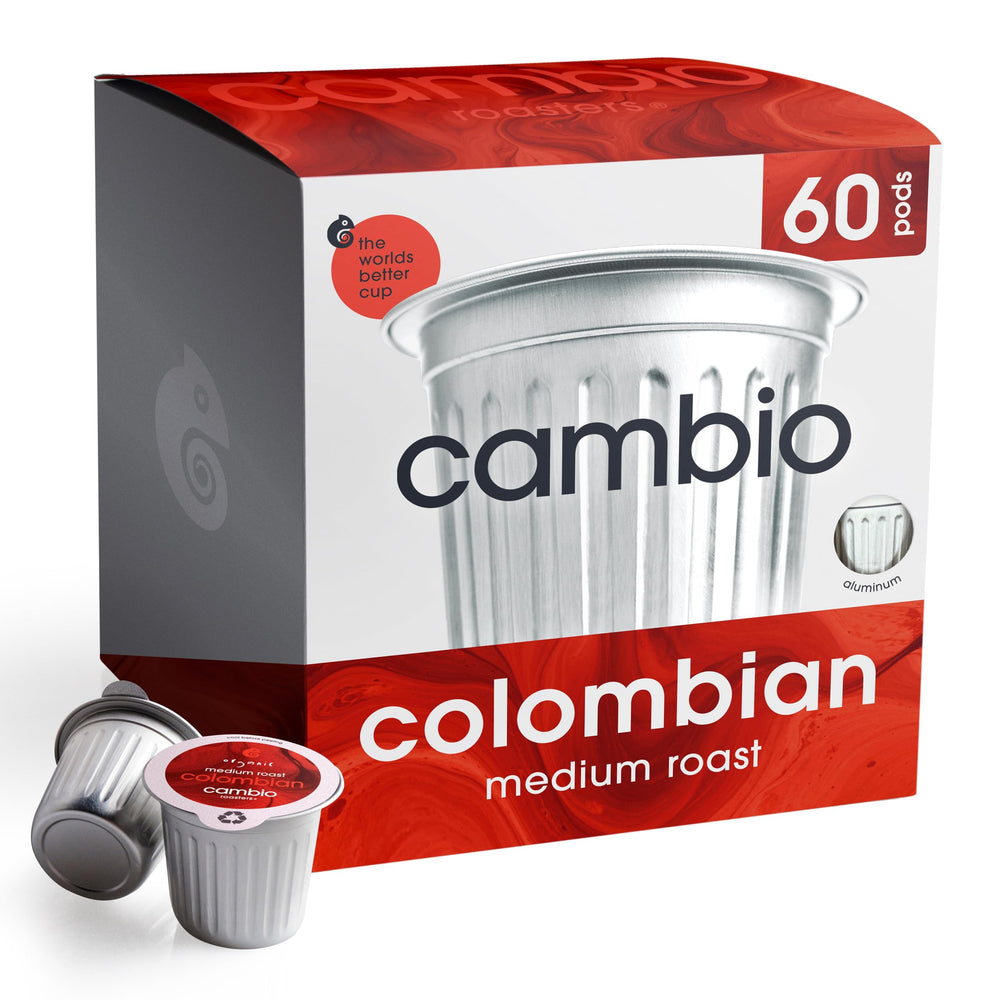 Cambio Roasters front packaging showing recyclable 60-count pods and convenience
