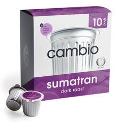 Cambio Roasters front packaging of 10 aluminum recyclable coffee pods showcasing sustainable design