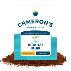 Cameron's Coffee front packaging showing 64 oz bag and clear branding for freshness