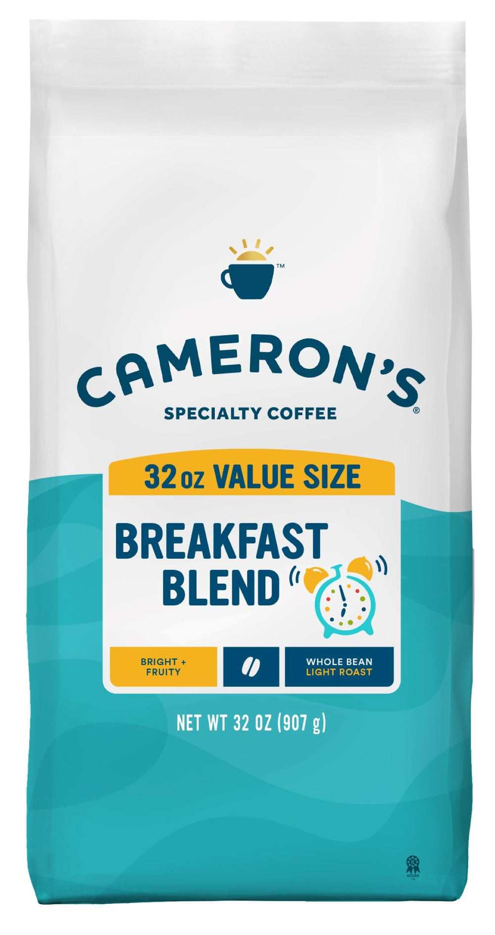 Cameron's Coffee front packaging showing 32 ounce bag and clear branding for freshness