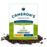 Cameron's Coffee front packaging shows 4 lb bag and clear roast labeling benefit convenience
