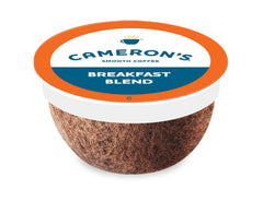 Cameron's Coffee front packaging showing 12-count compostable pods and easy brewing benefit