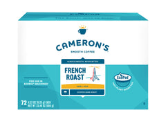 Cameron's Coffee box front showing 72-count and French Roast benefit convenience