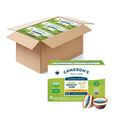 Cameron's Coffee front packaging showing six 12-count boxes and benefits