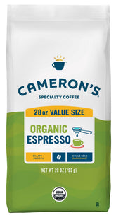 Cameron's Coffee front packaging showcasing organic espresso and 28 oz size for convenience