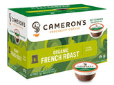 Cameron's Coffee front packaging shows organic French Roast pods and convenience benefit