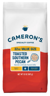 Cameron's Coffee front bag showing toasted southern pecan flavor and bold packaging benefit