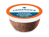 Cameron's Coffee front packaging showing toasted pecan pods and benefits
