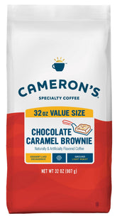 Cameron's front packaging showing 32 oz bag and chocolate caramel brownie flavor for clear recognition and value