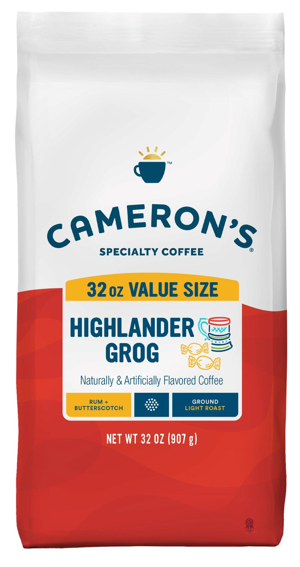Cameron's Coffee front packaging showing 32 oz bag and branding for shelf appeal