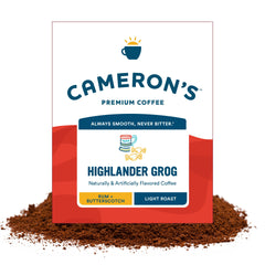 Cameron's Coffee Highlander Grog front bag showing branding and 64 oz size benefit