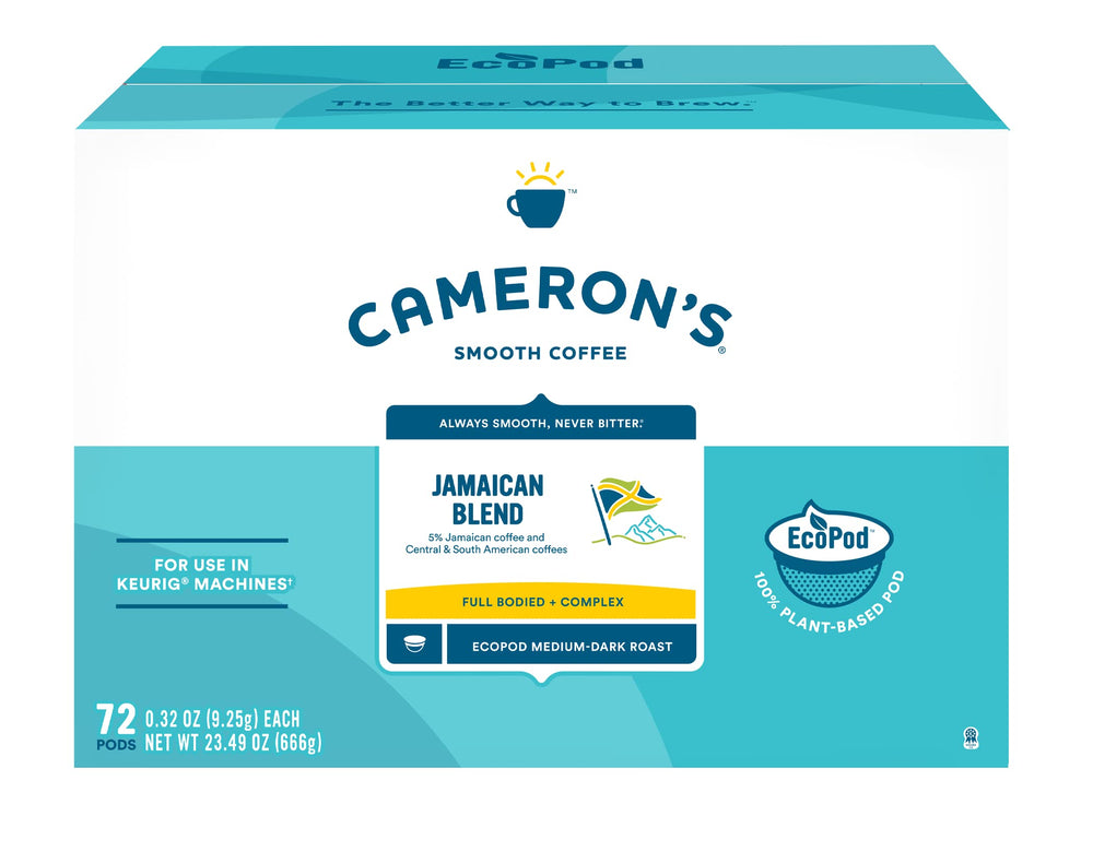 Cameron's Coffee front packaging showing 72 pods and branding benefit of convenience