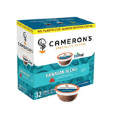 Cameron's Coffee front packaging showing 32 Kona Blend pods and clear benefit